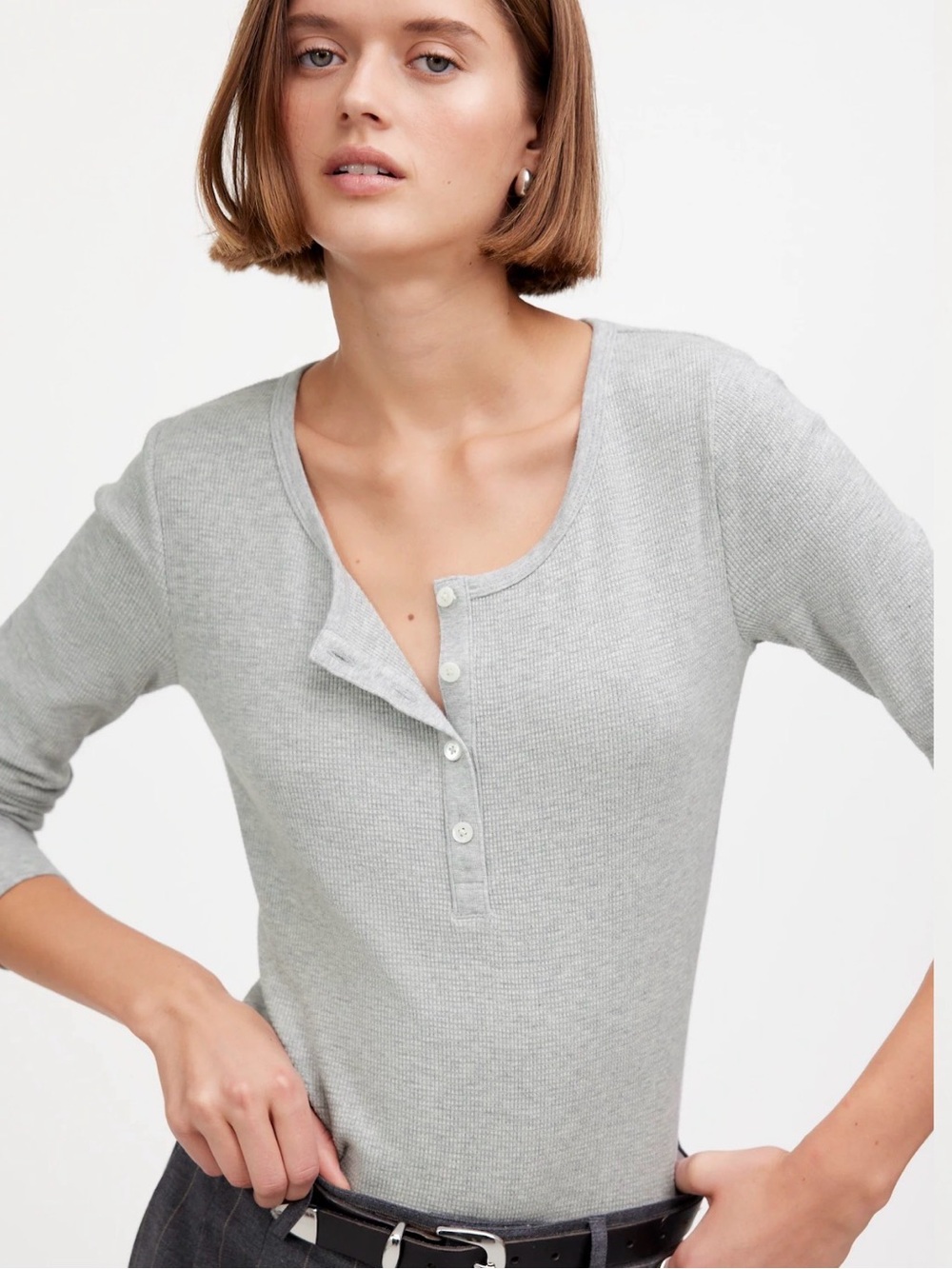 Madewell Heathered Waffle-Knit Scoopneck Henley Tee